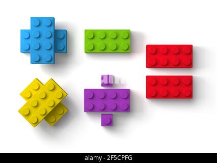 Colorful toy building blocks mathematic symbols 3d top view isolated on white background Stock Photo