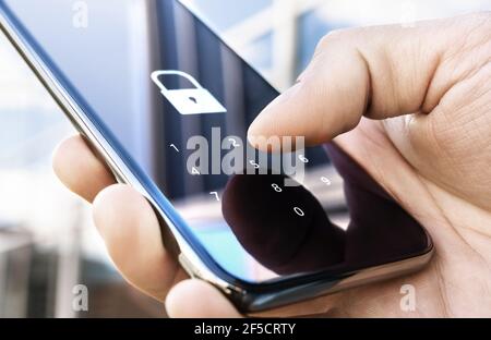 Phone lock code. Smartphone protection with 2fa (two factor authentication). Smartphone protection and security with pin number. Encrypted data. Stock Photo