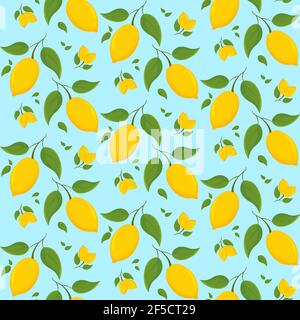 Seamless pattern with lemons on branch. Texture with citrus fruits in cartoon style. Stock Vector