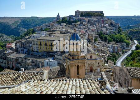 geography / travel, Italy, view towards Ragusa-Ibla, in the foreground of the tower of the church Sant, Additional-Rights-Clearance-Info-Not-Available Stock Photo
