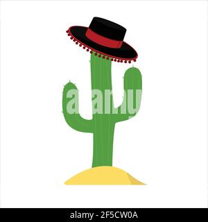 Green cactus in mexican sombrero hat isolated on white background. Stock Vector