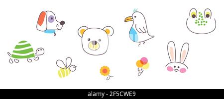 Cute animal pets icons vector illustration. Doodle zoo set. Stock Vector