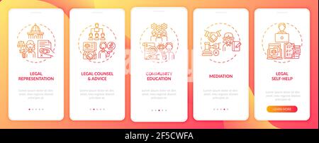 Legal services categories onboarding mobile app page screen with concepts Stock Vector