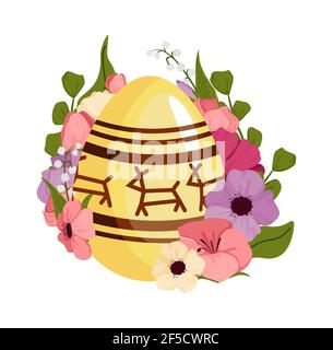 Easter banner holiday day, with Easter eggs and flowers, concept. Vector Stock Vector