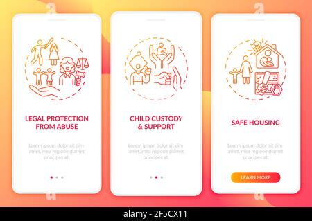 Domestic violence survivors support onboarding mobile app page screen with concepts Stock Vector