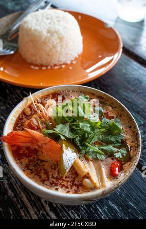 Tom Yum soup served at restaurant in Bangkok Thailan Stock Photo