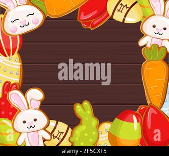 Easter banner holiday day, with easter eggs and gingerbread cookies on wooden background, concept. Stock Vector