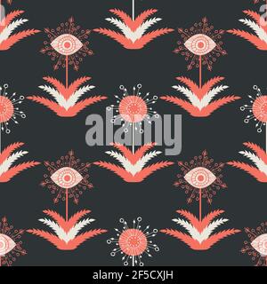 Abstract dandelion seeds seamless vector pattern background.Stylized folk art mix of herbacious garden flowers black red backdrop.Geometric design Stock Vector