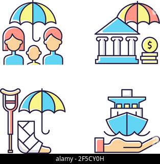 Insurance and protection RGB color icons set Stock Vector