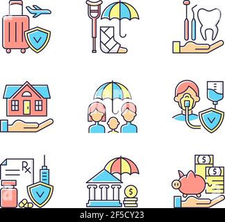 Insurance and protection RGB color icons set Stock Vector