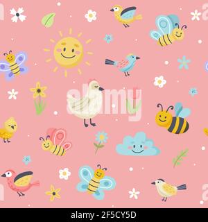 Easter pattern with cute butterflies, bees and birds. Hand drawn flat cartoon elements. Vector illustration Stock Vector