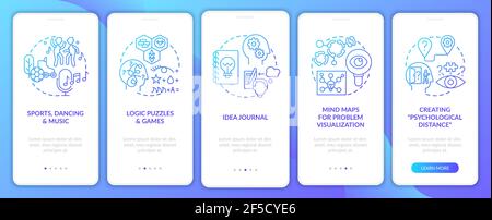 Boosting problem solving skills tips navy onboarding mobile app page screen with concepts Stock Vector