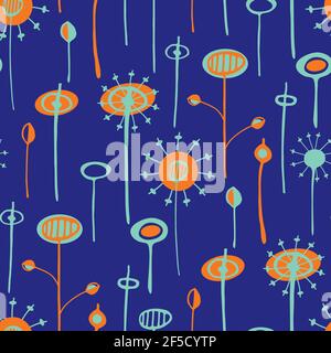 Dandelion seeds seamless vector pattern background. Abstract folk art style mix of herbacious garden or field flowers neon indigo orange backdrop Stock Vector