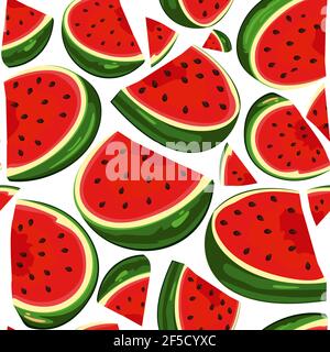 Seamless pattern with slices of watermelon in cartoon style. Summer print. Isolated object. Berries from the collective farm. Organic food. Stock Vector