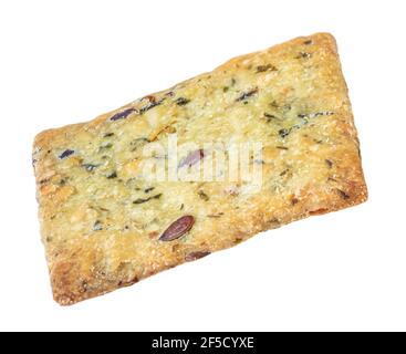 Dry cracker isolated on white background. Flat Cracker cookie with herbs top view Stock Photo