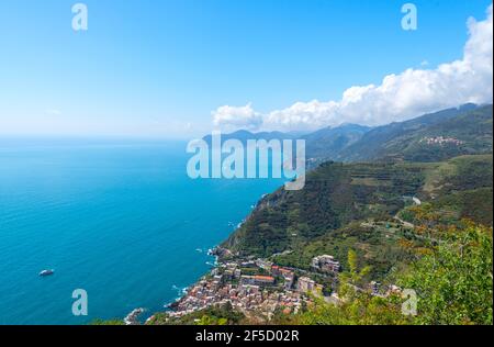 Riomaggiore village in Italian national park of Cinque Terre Stock Photo