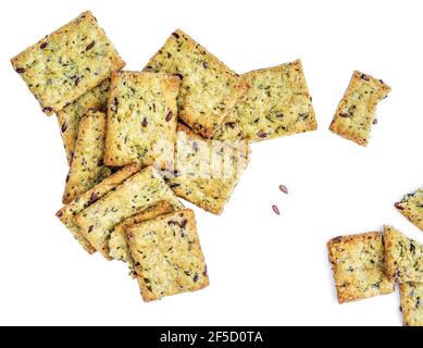 Dry crackers isolated on white background. Cracker cookies with herbs top view Stock Photo