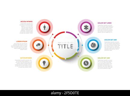 Vector multipurpose Infographic template with title and six elements options around big circle. Multipurpose Infochart with modern colors. Infographic Stock Vector