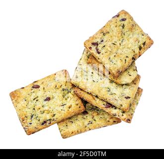 Dry crackers isolated on white background. Flat Cracker cookies with herbs top view Stock Photo