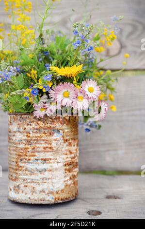 a bouquet of wildflowers of forget-me-nots, daisies and yellow dandelions in full bloom in a rusty rustic jar against a background of wooden planks in Stock Photo