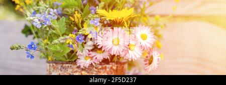 a bouquet of wildflowers of forget-me-nots, daisies and yellow dandelions in full bloom in a rusty rustic jar against a background of wooden planks in Stock Photo