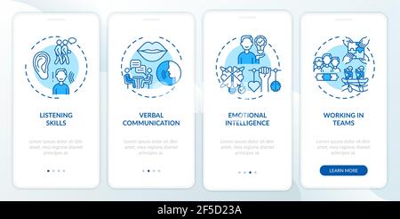 Interpersonal skill self assessment categories blue onboarding mobile app page screen with concepts Stock Vector