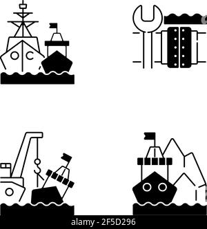 Maritime structures and regulation black linear icons set Stock Vector