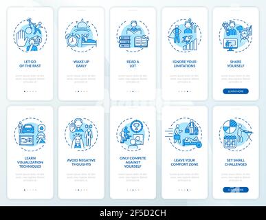 Self-development tips blue onboarding mobile app page screen with concepts set Stock Vector