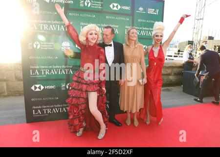 Sydney, Australia. 26th Mar, 2021. Former Prime Minister Tony Abbott and daughter Bridget Abbott (pictured with drag queens Holly Go Lightly and Tackie Onassis) arrive on the red carpet for the opening night of La Traviata at Fleet Steps, Mrs Macquaries Point. Credit: Richard Milnes/Alamy Live News Stock Photo
