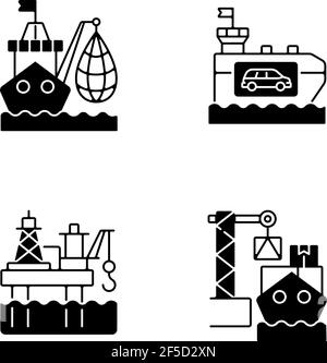 Marine industry sector black linear icons set Stock Vector
