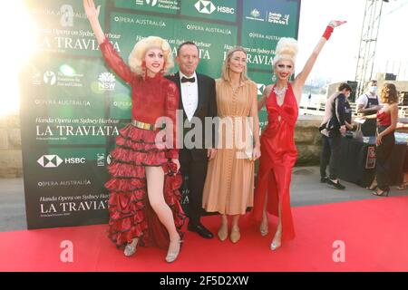 Sydney, Australia. 26th Mar, 2021. Former Prime Minister Tony Abbott and daughter Bridget Abbott (pictured with drag queens Holly Go Lightly and Tackie Onassis) arrive on the red carpet for the opening night of La Traviata at Fleet Steps, Mrs Macquaries Point. Credit: Richard Milnes/Alamy Live News Stock Photo
