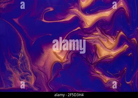 Abstract fluid art background navy blue and bronze colors. Liquid marble. Acrylic painting on canvas with golden lines and gradient. Alcohol ink backd Stock Photo
