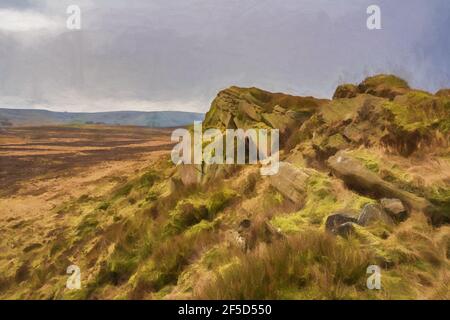 Digital painting of baldstone, and Gib Torr looking towards the Roaches, Ramshaw Rocks, and Hen Cloud during winter in the Peak District National Park Stock Photo