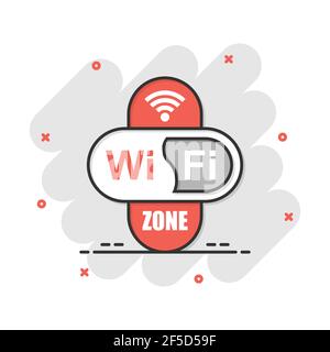 Wifi zone icon in comic style. Wi-fi wireless technology vector cartoon illustration pictogram. Network wifi business concept splash effect. Stock Vector