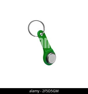 House door lock magnetic key on ring on white background isolated close up, single plastic electronic intercom key, one key on keyring, home safety Stock Photo