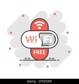 Wifi free icon in comic style. Wi-fi wireless technology vector cartoon illustration pictogram. Network wifi business concept splash effect. Stock Vector