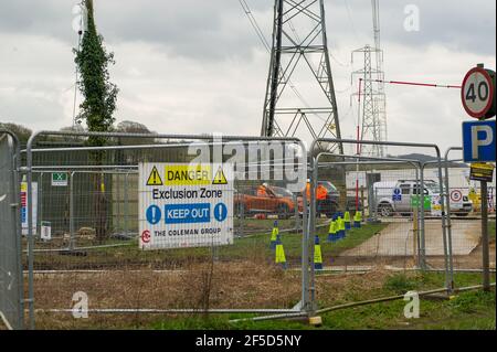 Aylesbury Vale, Buckinghamshire, UK. 24th March, 2021. Another new HS2 compound off the A413 ripping the Chilterns apart. The very controversial and over budget High Speed 2 rail link from London to Birmingham is carving a huge scar across the Chilterns which is an AONB. Credit: Maureen McLean/Alamy Stock Photo