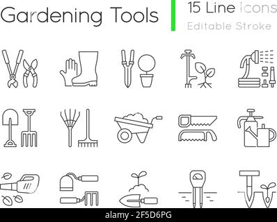 Gardening tools linear icons set Stock Vector