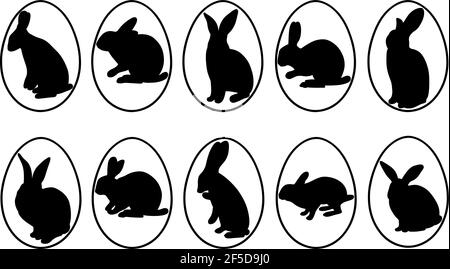 Set of different easter eggs with rabbits isolated on white Stock Vector