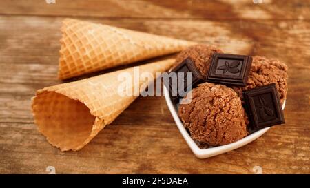Homemade chocolate ice cream with chocolate pieces in a white bowl Stock Photo