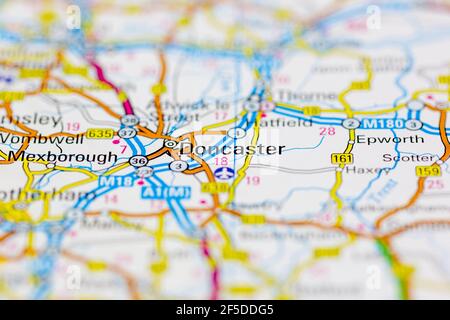 Doncaster and surrounding areas shown on a road map or Geography map ...