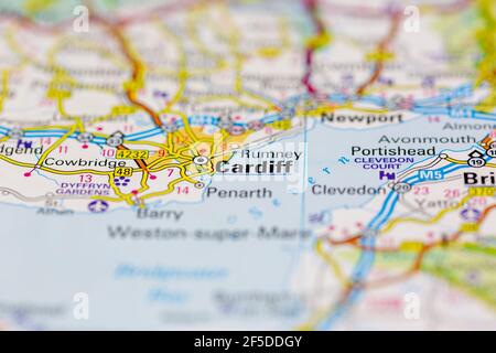 Cardiff and surrounding areas shown on a road map or geography map ...