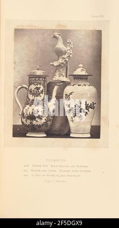 Coffee pot, vase, and figurine. A porcelain figure of a bird andd flowers on a pedestal behind a coffee pot and a vase with a lid. The coffee pot and the vase are both painted with flowers.. (Recto, mount) upper right, printed in black ink: 'PLATE CCI.' Lower center, printed in black ink: 'PLYMOUTH. / 402*. COFFEE POT. BLUE GROUND AND FLOWERS. / 403. BEAKER AND COVER. PAINTED WITH FLOWERS. / 404. A BIRD OF WHITE GLAZED PORCELAIN. / Lady C. Schreiber. italicized' Stock Photo