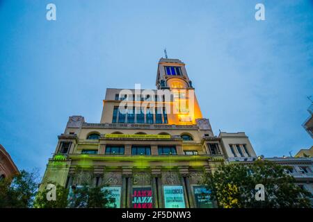 Facade of Circulo de Bellas Artes building, night view. Alcala street, Madrid, Spain. Stock Photo