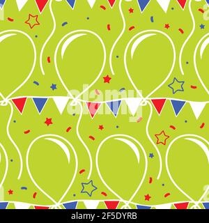 Seamless vector pattern with balloons and wall flags on green background. Simple party wallpaper design. Celebration fashion textile. Stock Vector