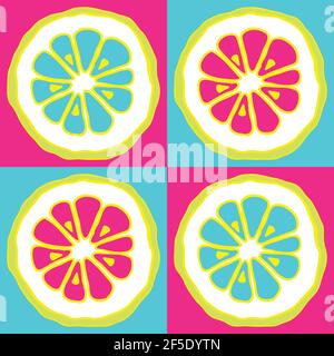 Vector pattern with citrus slices on neon coloured squares. Halved lime, orange pop art design. Stock Vector