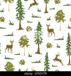 Seamless vector pattern with deer in forest on white background. Simple landscape animal wallpaper design. Stock Vector