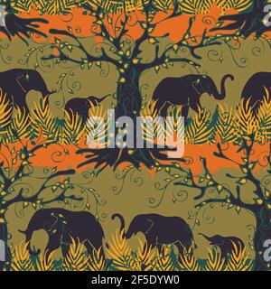 Seamless vector pattern with Africa elephant silhouettes on brown background. Savannah animal wallpaper design. Safari forest fashion textile. Stock Vector