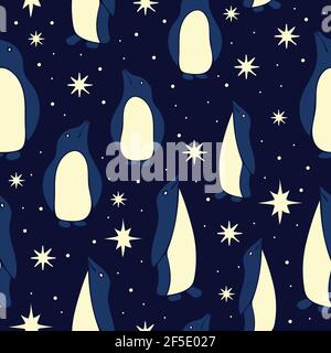 Seamless vector pattern with penguins and stars on dark blue background. Cute simple animal wallpaper design. Stock Vector