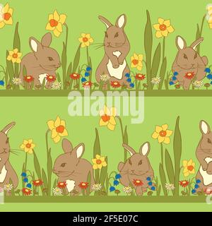 Seamless vector pattern with brown bunnies and spring flowers on green background. Cute animal wallpaper design for children. Stock Vector